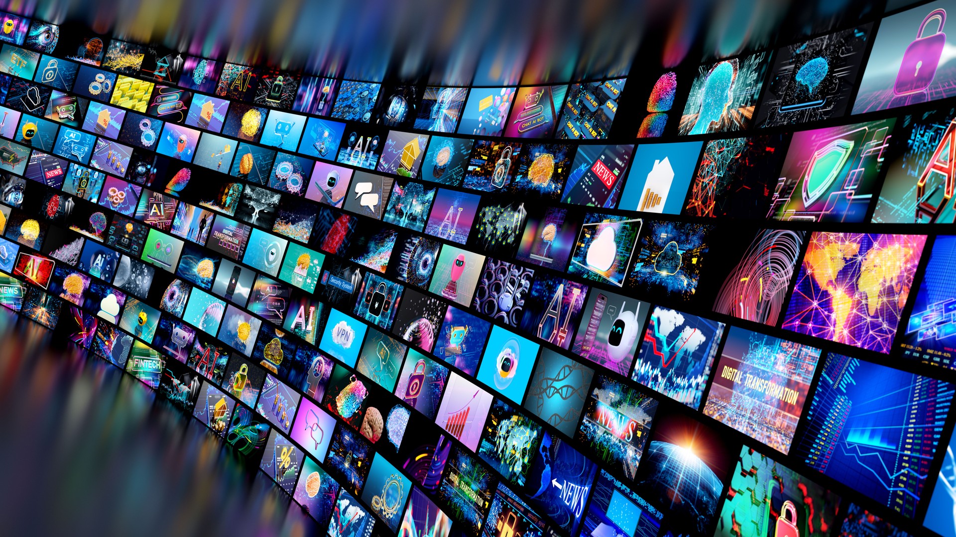 Media concept - multiple television screens.